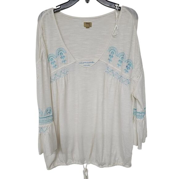 True Craft Embroidered Blouse Womens size Large Bell Sleeve Drawstring Peasant - Picture 1 of 8